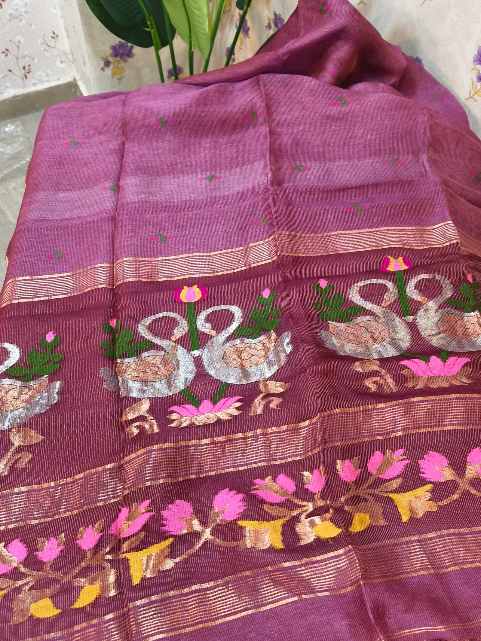 Handloom Linen Silk Tissue Jamdhani -Swan design