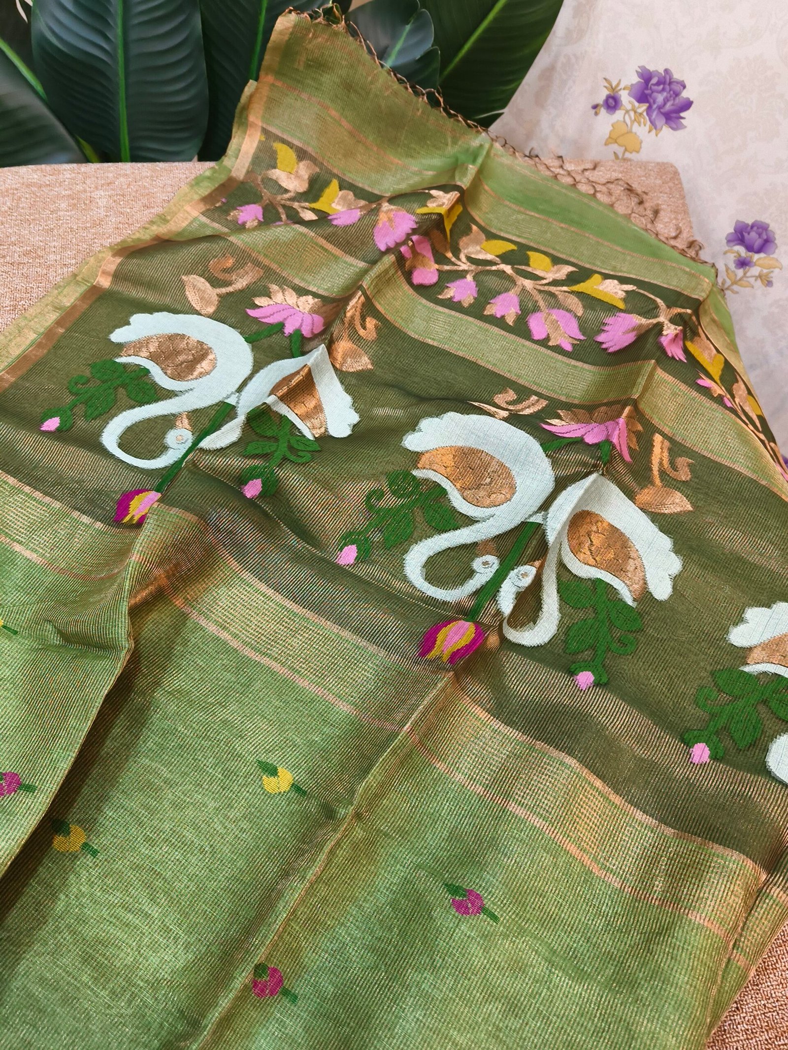 Handloom Linen Silk Tissue Jamdhani -Swan design