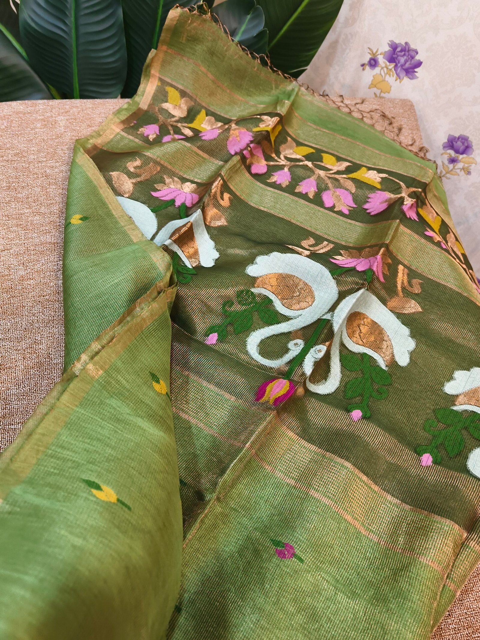 Handloom Linen Silk Tissue Jamdhani -Swan design - Image 2