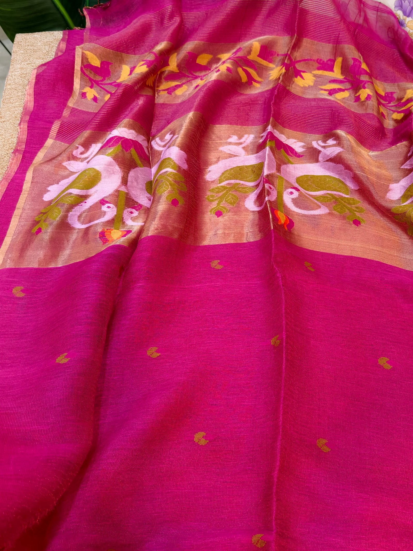 Handloom Linen Silk Tissue Jamdhani -Swan design