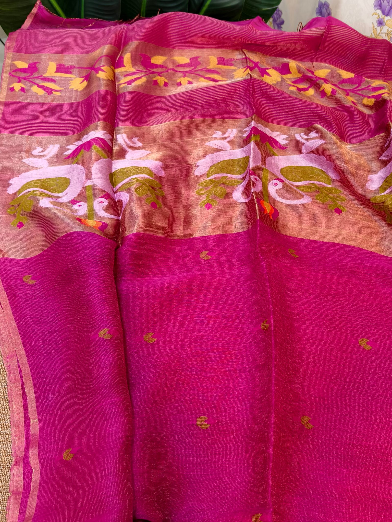 Handloom Linen Silk Tissue Jamdhani -Swan design - Image 3