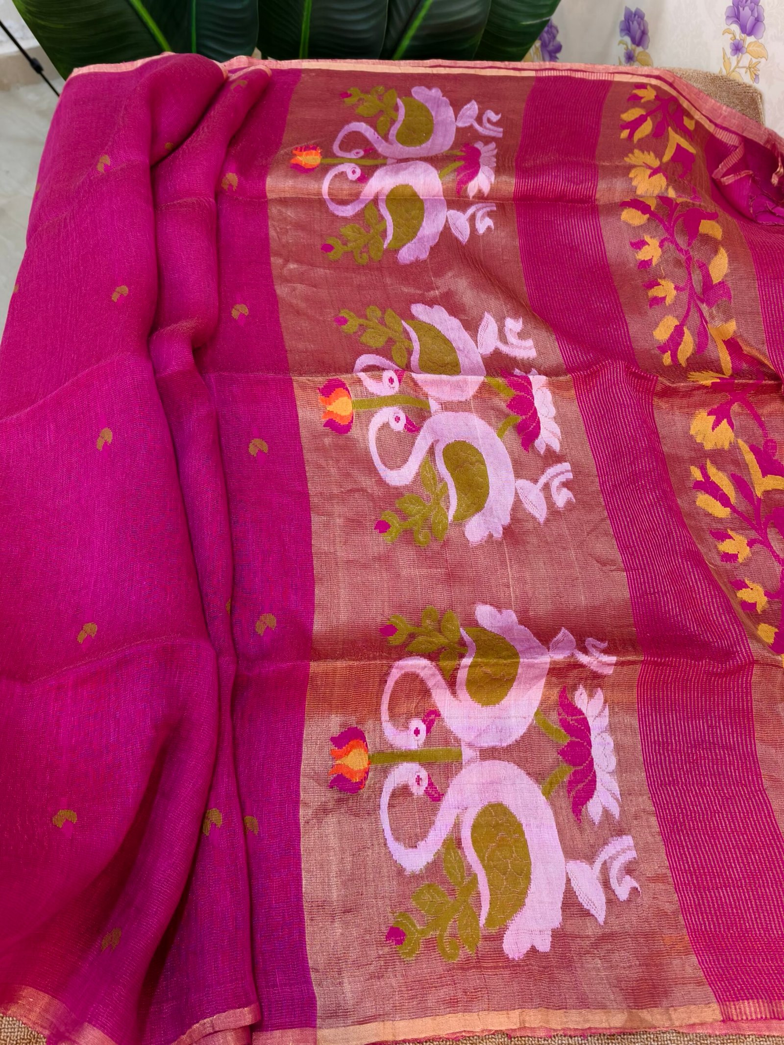 Handloom Linen Silk Tissue Jamdhani -Swan design - Image 2